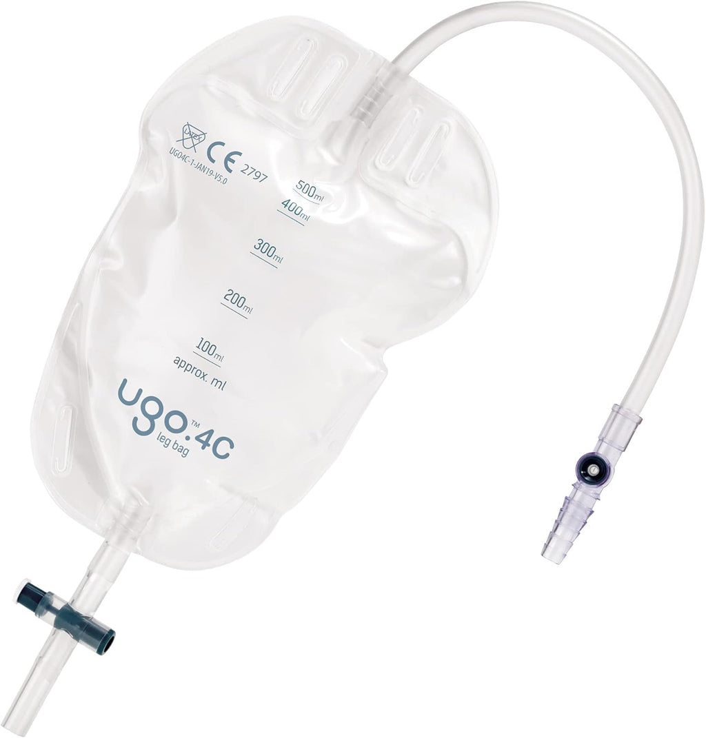 Ugo Leg Bags (x10) – Urine Drainage Bags/Catheter Leg Bags, T Tap or Lever Tap with Soft Fabric Backing and a Natural Leg-Shape Design (Pack of 10) (Ugo 4C - 500ml, Long Tube, T Tap)