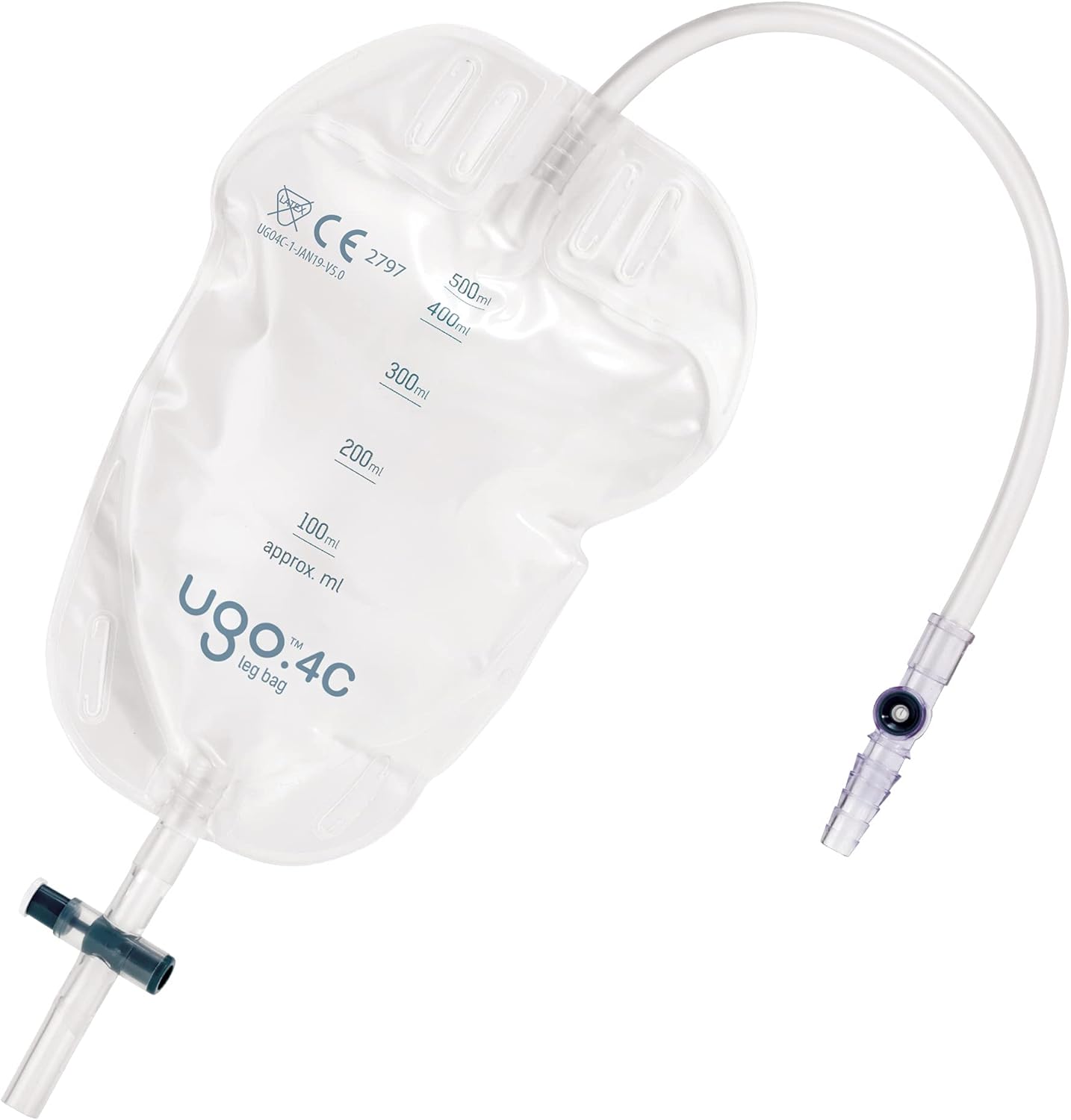 Ugo Leg Bags (x10) – Urine Drainage Bags/Catheter Leg Bags, T Tap or Lever Tap with Soft Fabric Backing and a Natural Leg-Shape Design (Pack of 10) (Ugo 4C - 500ml, Long Tube, T Tap)