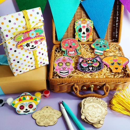 Generic 48-Piece Day of The Dead Sugar Skull Craft Kit - Unfinished Wooden Ornaments - DIY Paint & Hang - Adults