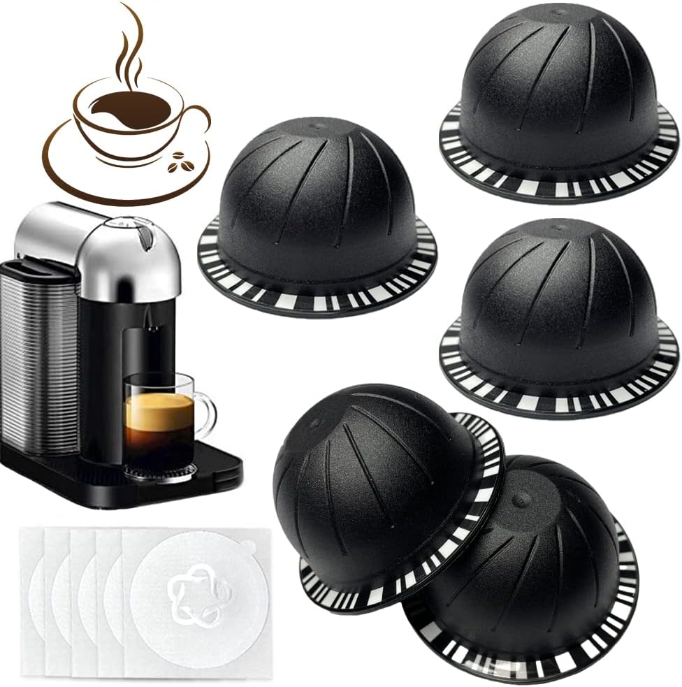 Reusable Vertuo Pods Refillable Coffee Vertuo Capsule for VertuoLine Refill Compatible with Nespresso Vertuo 150/230 ml with 5pcs Aluminum Foil Lids (5pcs Black (230 ml))