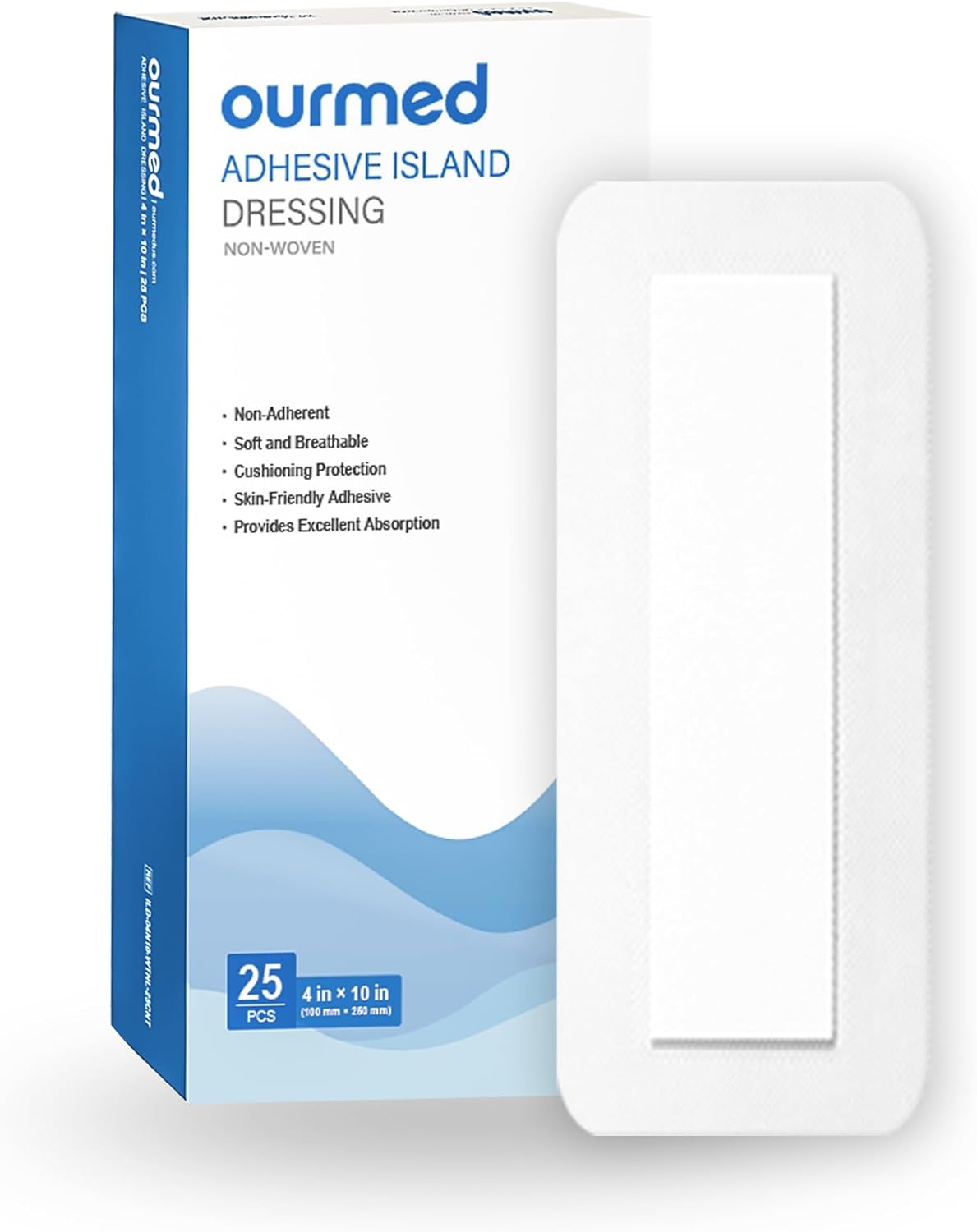 Ourmed Island Dressing Bordered Gauze 4"x 10"(2"x 8" Absorbent Pad), Pack of 25, Self-Adhesive Sterile Dressing with Highly Absorbent, Latex& Rubber- Free, for Cuts and Scratches