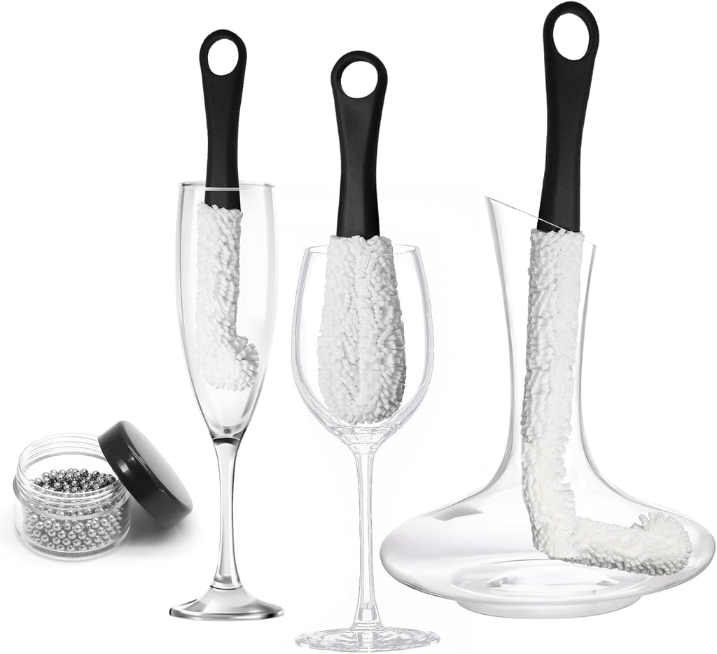 Litoexpe 3 Pieces Decanter Cleaning Brush with 400 Pieces Cleaning Beads, Wine Glass Cleaner Brush Flexible Bottle Cleaning, Household Cleaning Tools for Wine Decanters, Goblets, Cups (Black)
