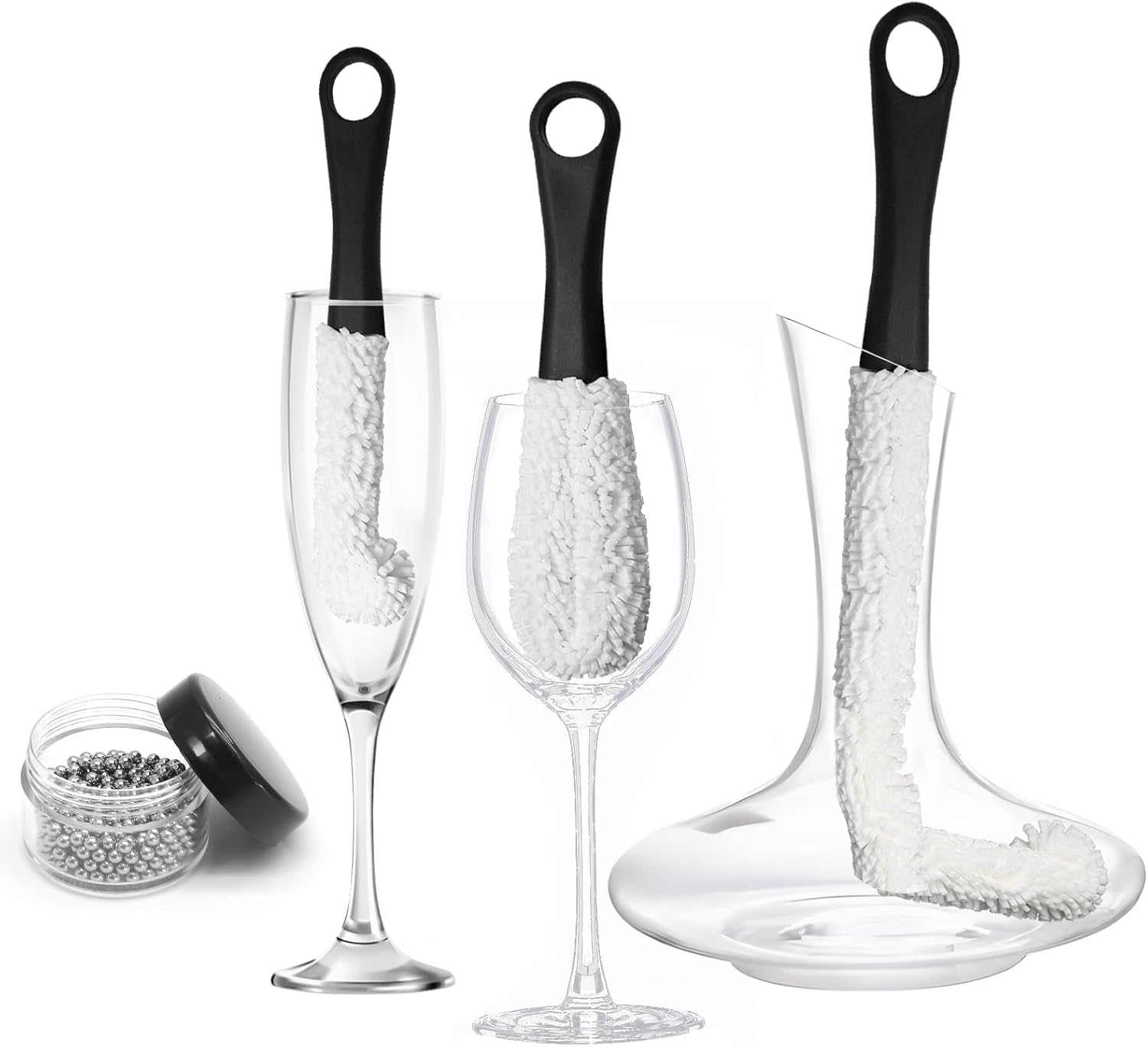 Litoexpe 3 Pieces Decanter Cleaning Brush with 400 Pieces Cleaning Beads, Wine Glass Cleaner Brush Flexible Bottle Cleaning, Household Cleaning Tools for Wine Decanters, Goblets, Cups (Black)