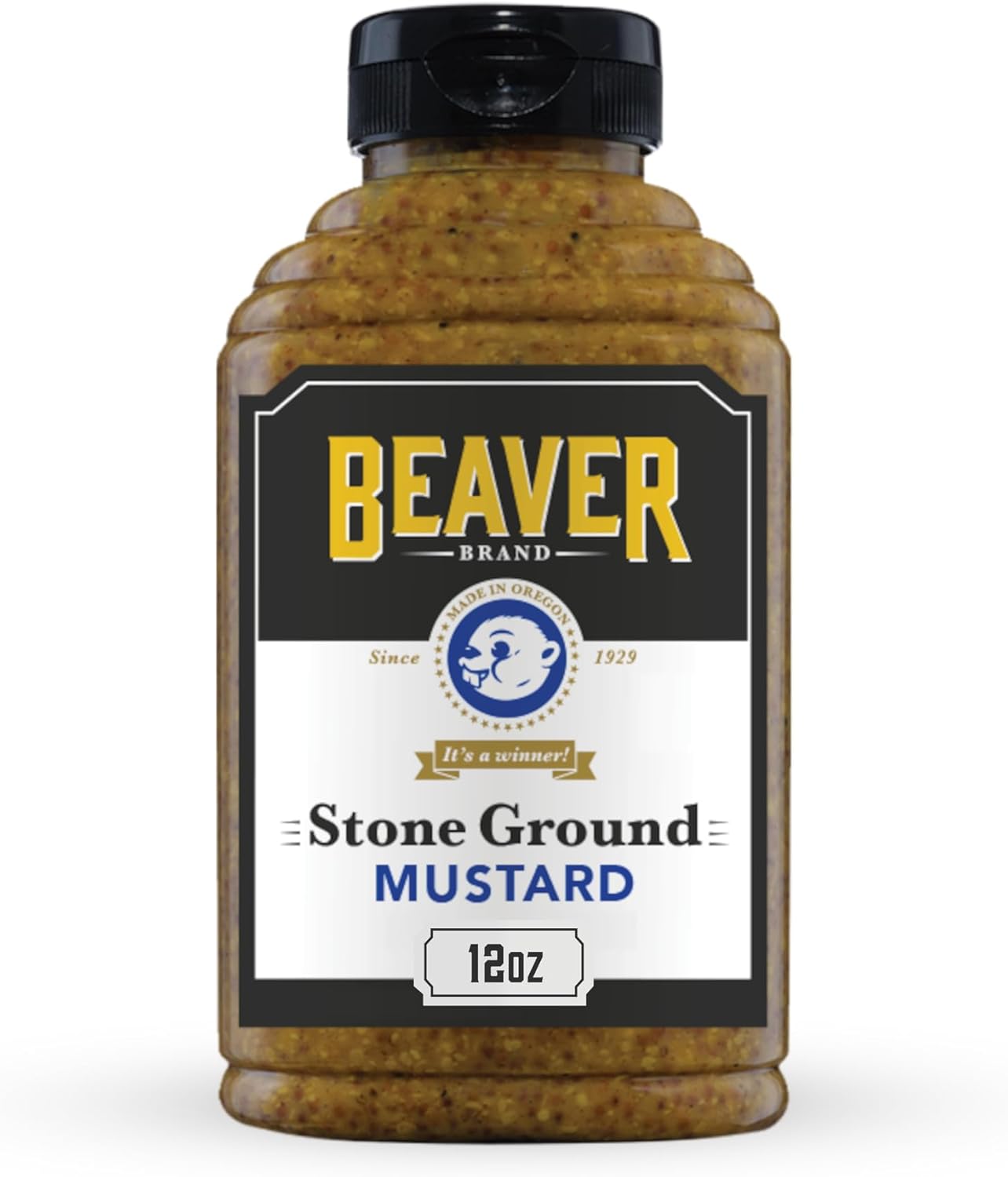 Beaver Brand Stone Ground Mustard, Traditional German-Style Whole Grain Mustard, 12 oz Squeeze Bottle