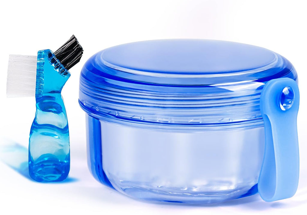 Leak Proof Portable Denture Bath Case Denture Cleaning Cup, False Teeth Holder Mouthguard Night Guard Container Box Retainer Soaking Case for Travel, Household, Office - Transparent Blue