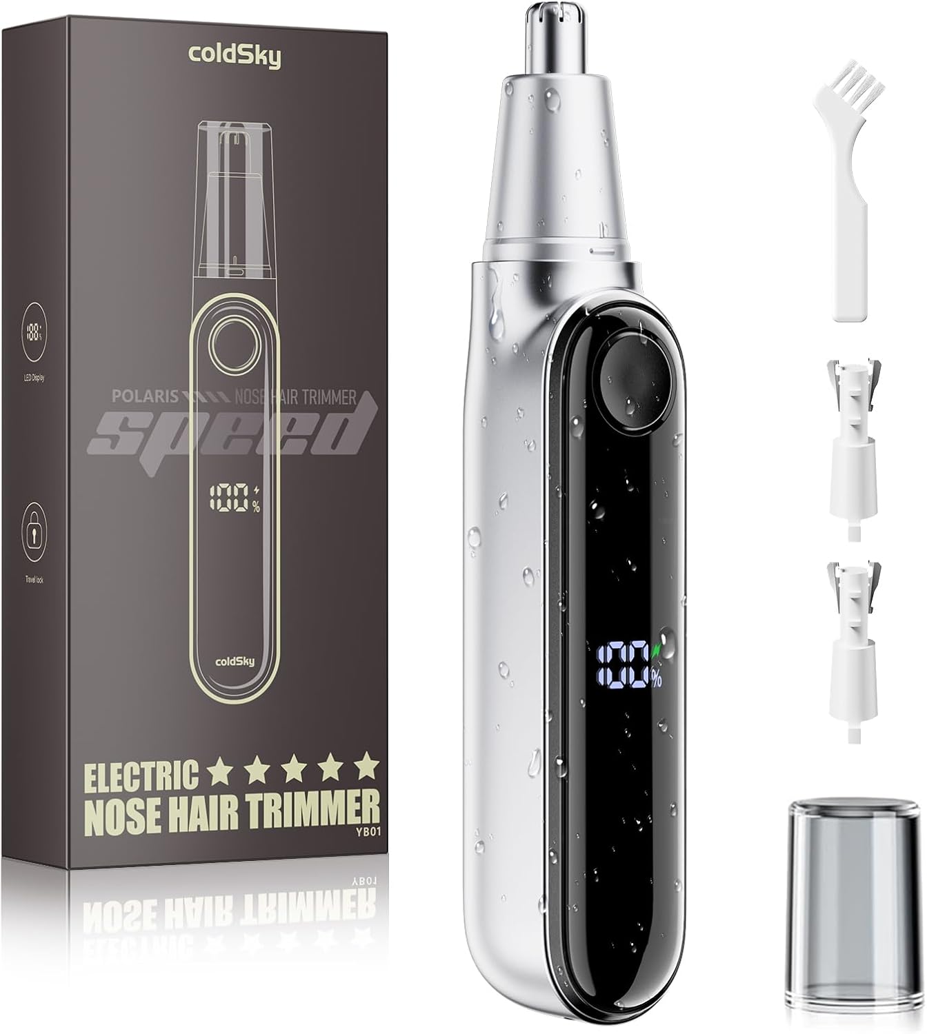 coldSky Ear & Nose Hair Trimmer with LED Display for Men Women - Professional Painless Eyebrow & Facial & Nose Hair Trimmer, USB Rechargeable, Dual-Edge Blades for Smoother Cutting Sliver