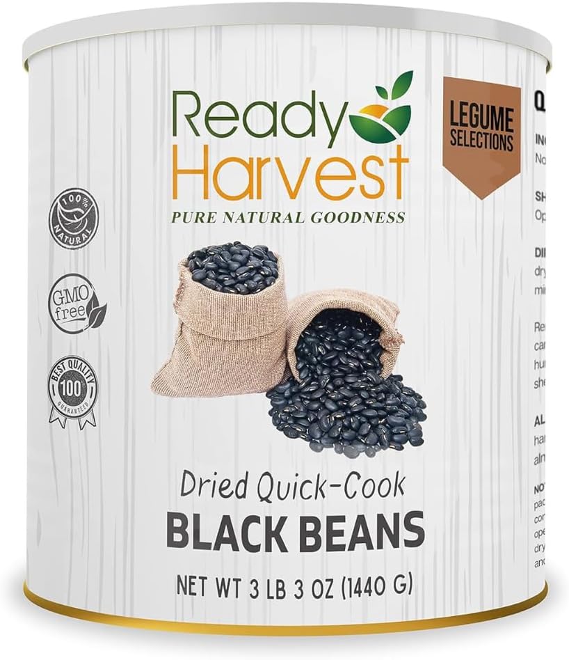 Ready Harvest Emergency Food - Quick-Cook Black Beans | Pre-cooked Beans, Just add hot Water | #10 Can | 25-Year Shelf Life | 3 lbs | Cans Filled to the Top