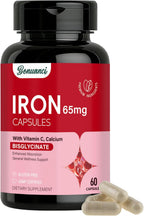 Iron Supplement - Iron 65mg High Absorption Iron Bisglycinate with Vitamin C, Calcium, Gentle Iron Pills for Women Men - Non GMO & Gluten Free, Stomach Friendly, 60 Capsules