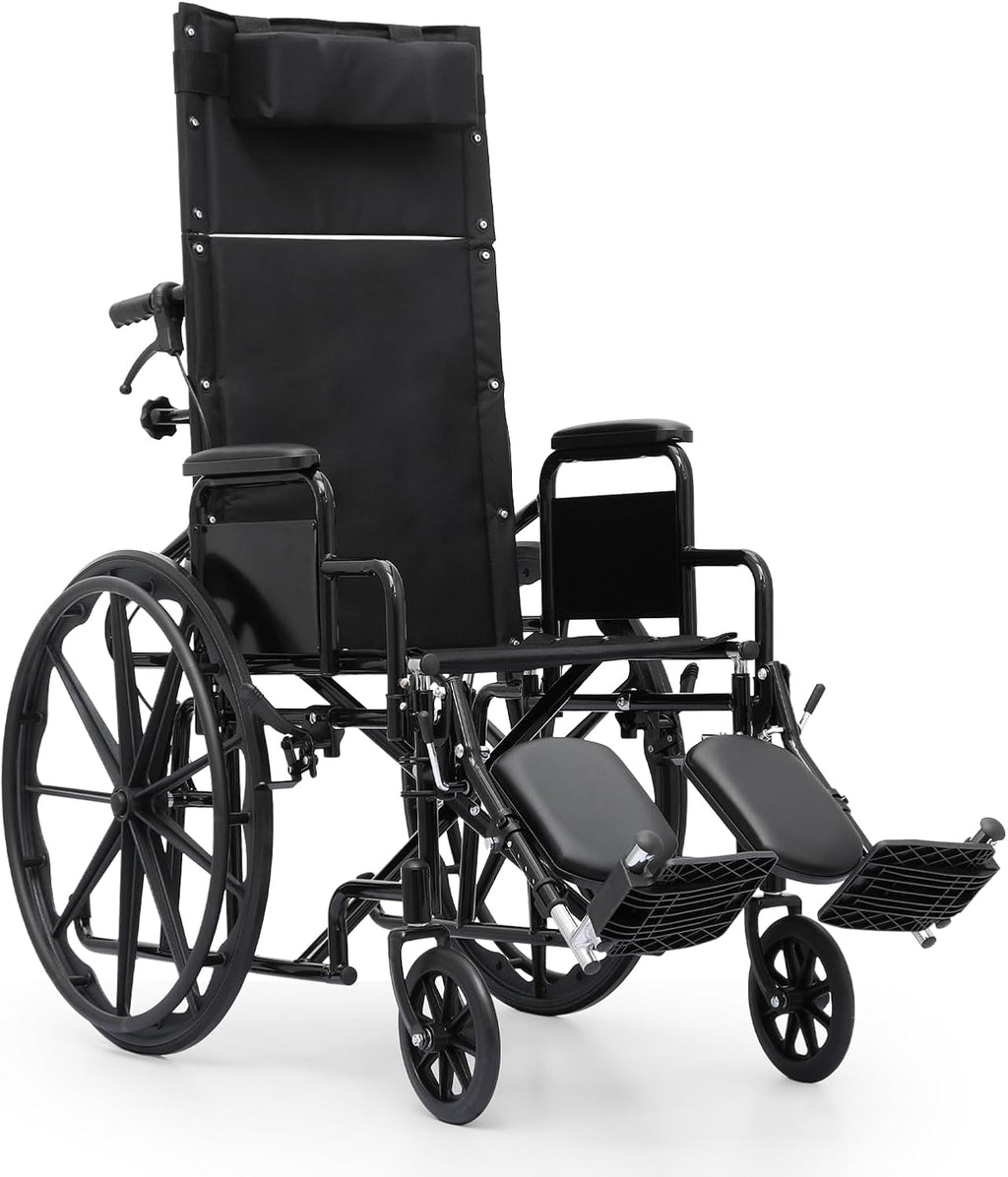 High Back Foldable Transport Wheelchair for Adults 300-lbs Heavy-Duty Folding Self-Propelled Wheel Chair with Removable Headrest Swing-Away Adjustable Footrest, Black 18.5-inch Reclining Seat