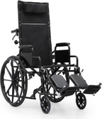 High Back Foldable Transport Wheelchair for Adults 300-lbs Heavy-Duty Folding Self-Propelled Wheel Chair with Removable Headrest Swing-Away Adjustable Footrest, Black 18.5-inch Reclining Seat