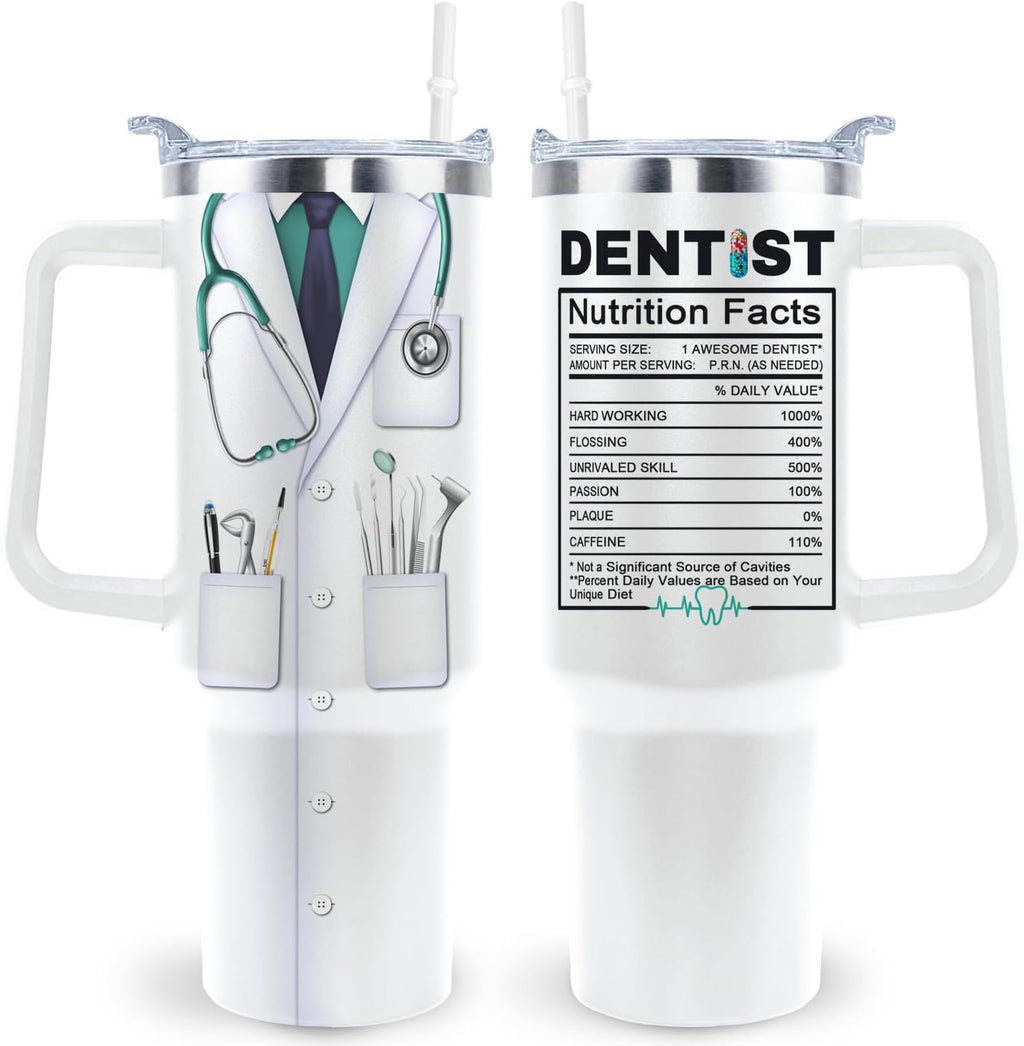 Dentist Tumbler Cup - 40 Oz Mug With Lid, Straw and Handle - Gift For Men and Women