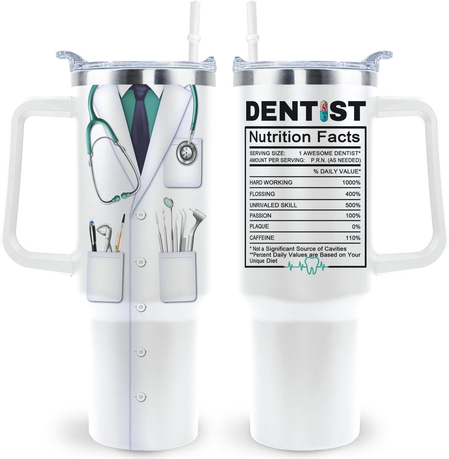 Dentist Tumbler Cup - 40 Oz Mug With Lid, Straw and Handle - Gift For Men and Women