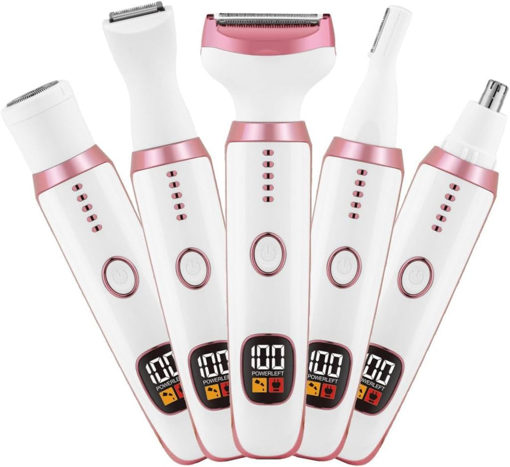 Electric Razors for Women, Bikini Trimmer for Women 5 in 1 Body Shaver for Nose Hair Face Eyebrow Arms Legs Armpit Underarm Pubic Area, Replaceable Lady Facial Razor Painless USB Charge Female Gift