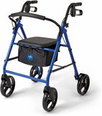Medline Steel Rollator Walker for Adult Mobility Impairment, Blue, 350 lb. Weight Capacity, 8” Wheels, Foldable, Adjustable Handles, Rolling Walker for Seniors