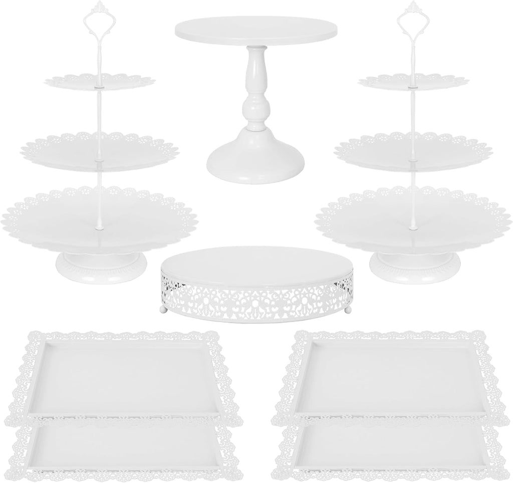 Fivenl 8 Pcs Cake Stand White Metal Dessert Table Display Set, 3-Tier Cupcake Stand, Cake Display Tower and Cookie Tray Rack Serving Tray for Birthday Party, Weddings, Baby Shower (White)