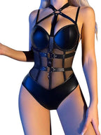 Sexy Crisscross Choker Lingerie for Women PU Leather Underwire Babydoll One piece Strappy Mesh Teddy Bodysuit