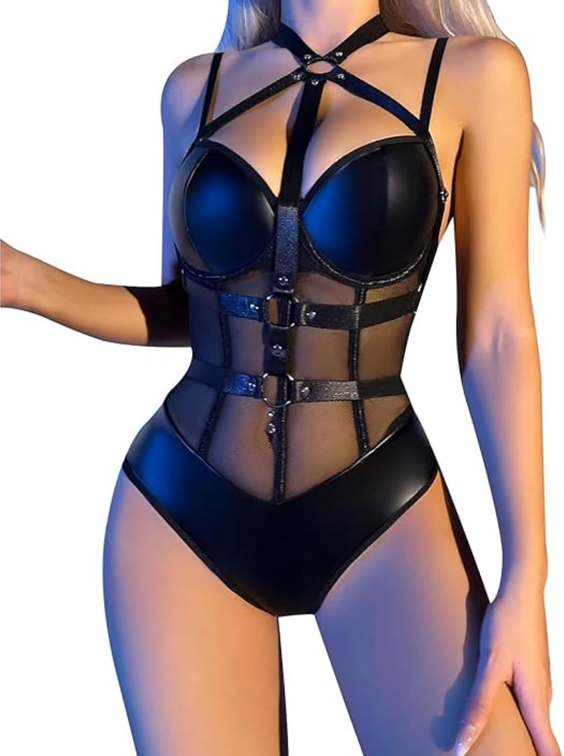 Sexy Crisscross Choker Lingerie for Women PU Leather Underwire Babydoll One piece Strappy Mesh Teddy Bodysuit