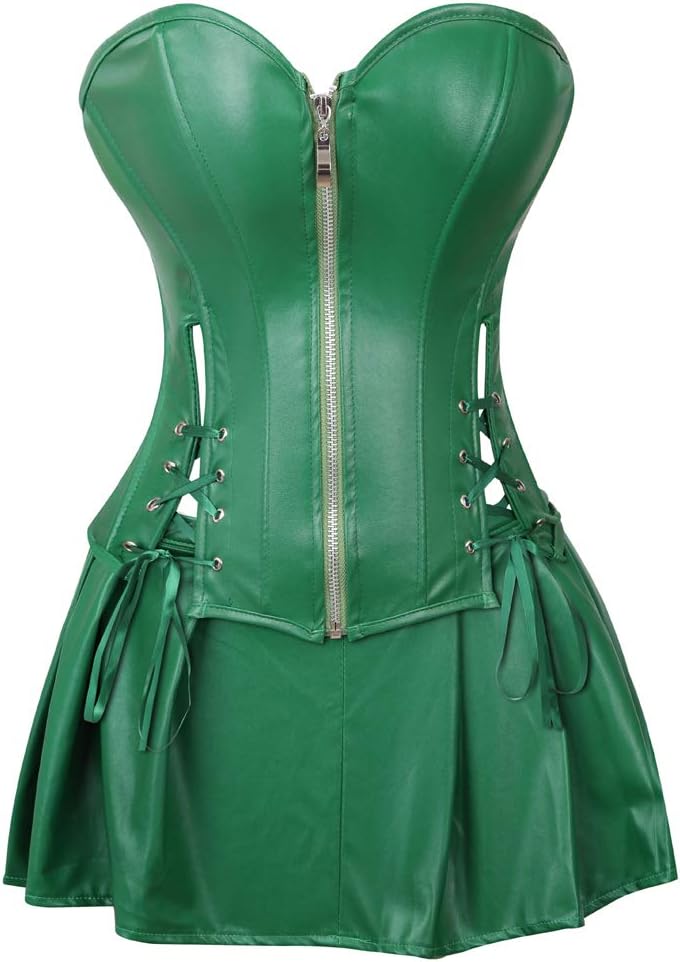 Grebrafan Women Faux Leather Gothic Punk Zipper Corset Bustier with Skirt