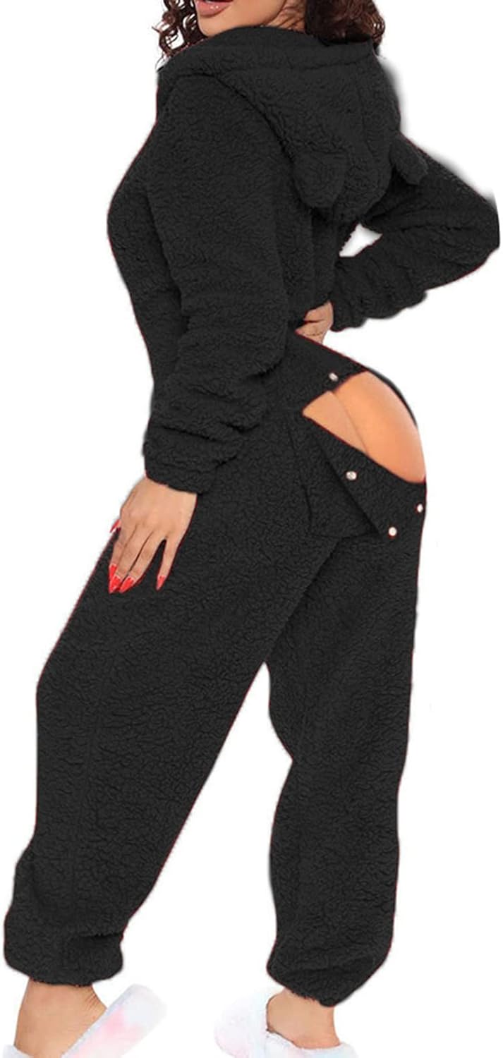 Sexy Adult Onesie Pajamas for Women Butt Flap Fleece Hooded One Piece Pajamas Womens Fluffy Sleepwear