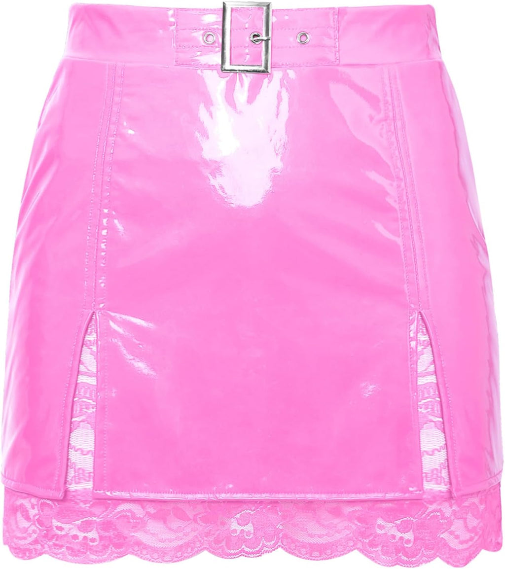 Women Slim Fit Above Knee Length PVC Wet Look Leather Clubwear Zip Up Split Skirt Vinyl Stretchy Miniskirt