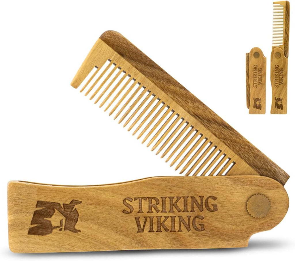 Striking Viking Folding Wooden Comb for Men - Sandalwood Switchblade Beard Comb for Grooming and Styling - Use Dry or With Oils & Balms
