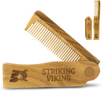 Striking Viking Folding Wooden Comb for Men - Sandalwood Switchblade Beard Comb for Grooming and Styling - Use Dry or With Oils & Balms