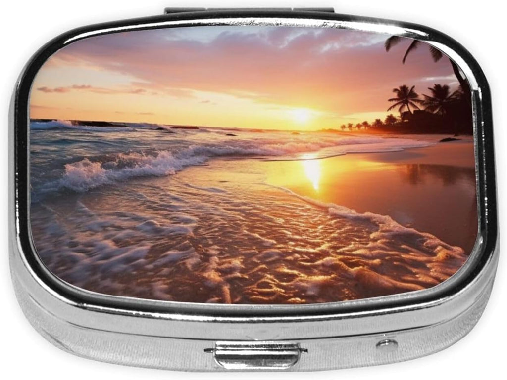 Square Round Pill Case Tropical Beach Sunset Pill Box Daily 2 Compartment Travel Pill Container for Pocket Purse Portable Medicine Cod Liver Oil Storage Box 2 Times a Day Pill Organizer