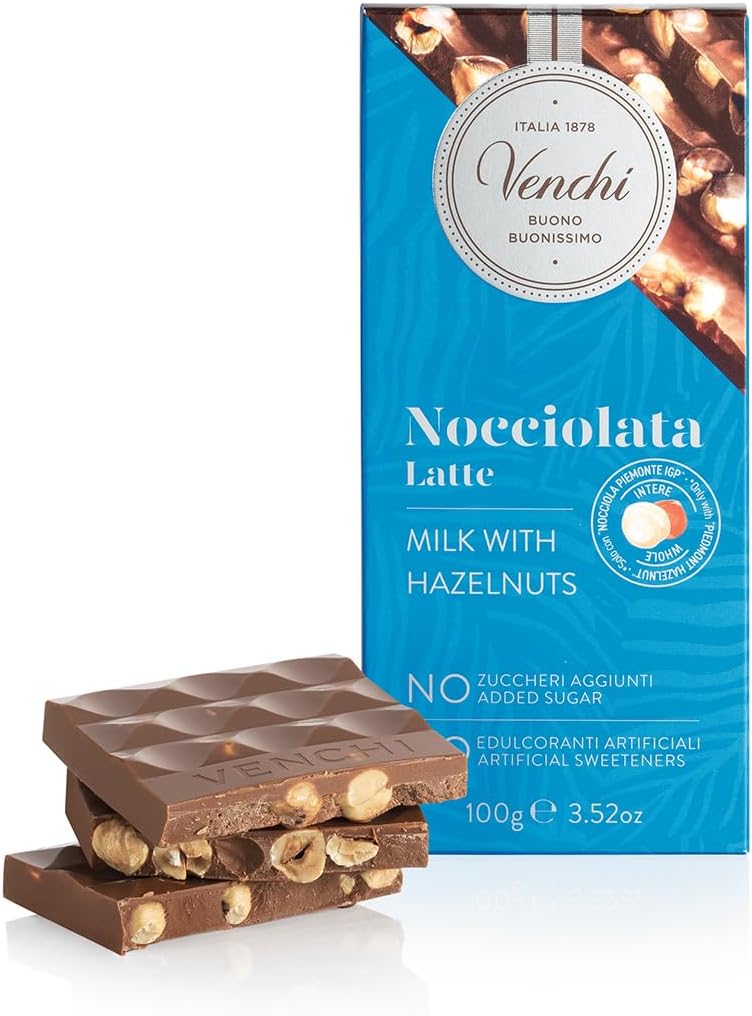 Venchi - NO Added Sugar Milk Hazelnut Bar, 3.52 oz - NO Artificial Sweeteners - With Whole Piedmont Hazelnuts - Gluten Free