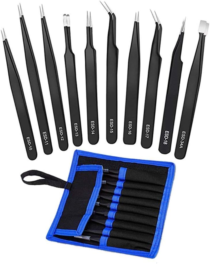 Tweezers Precision Set,Easily Life 10pcs ESD Tweezers Set, Anti Static Stainless Steel Anti Magnetic Tweezers Set with Storage Bag for Craft,Electronics Repair,jewelry repair,Laboratory Work,etc
