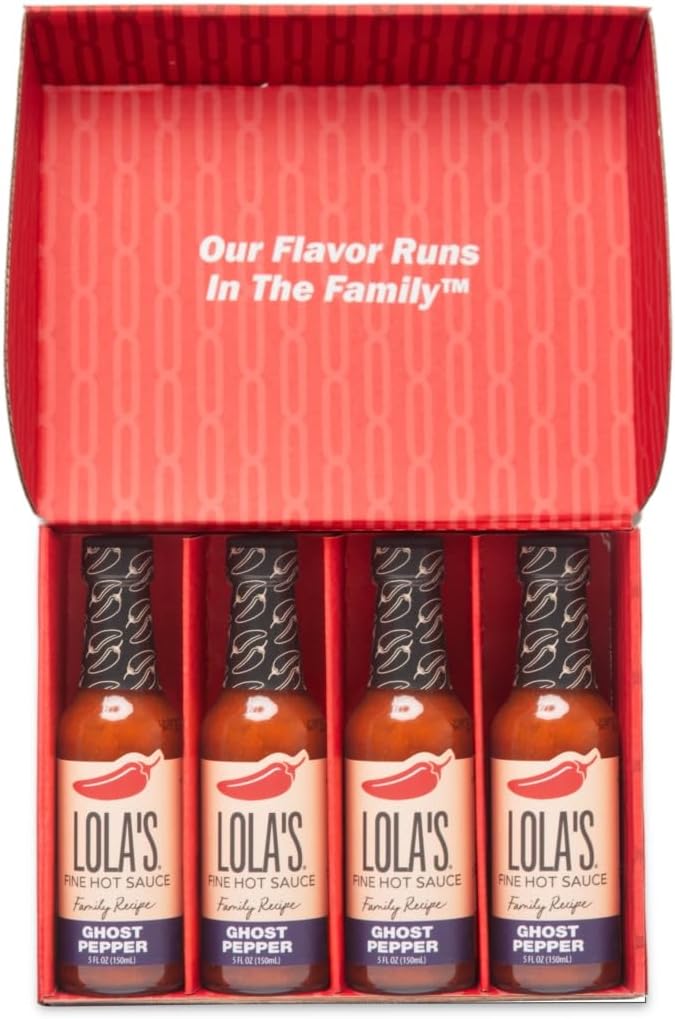 Lola's Fine Hot Sauce Ghost Pepper, All-Natural Bhut Jolokia Chili with Red Jalapeños, & Garlic, Vegan & Keto, Family Recipe Ghost Pepper Hot Sauce for Eggs, Brats, Nachos & More, 5 oz, 4-Pack