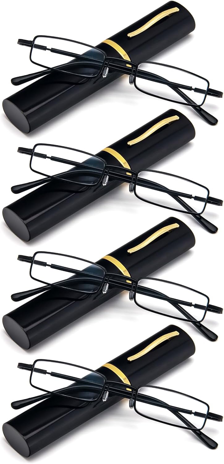 REAVEE 4 Pair Slim Pen Reading Glasses Tube Reader Glasses Men Women Small Readers Spring Hinged Eyeglasses with Portable Clip Case, Black 1.5