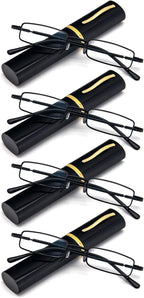 REAVEE 4 Pair Slim Pen Reading Glasses Tube Reader Glasses Men Women Small Readers Spring Hinged Eyeglasses with Portable Clip Case, Black 2.5