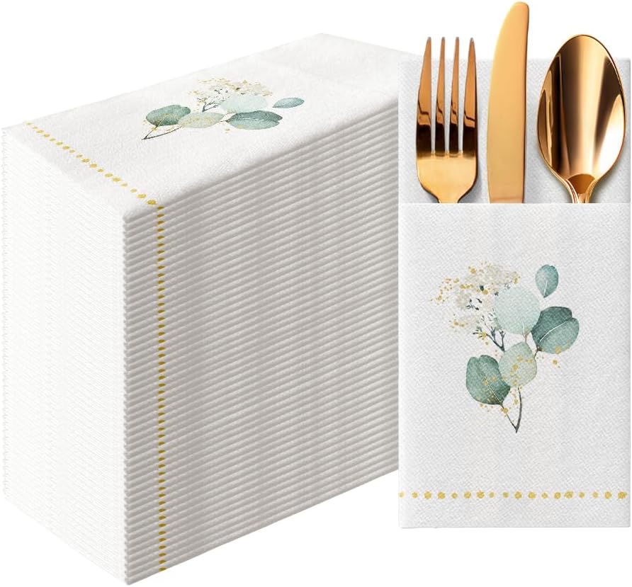 PAW - Linen Feel Napkins with Built-in Flatware Pocket, Airlaid Paper Pre-Folded Napkins for Silverware, Wedding Party, Dinner, Birthday, Gatherings, Golden Eucalyptus Design, 50 Count