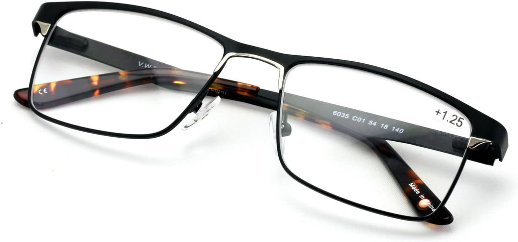Men Premium Rectangle Stainless Steel Reading Glasses - Large Metal Reader