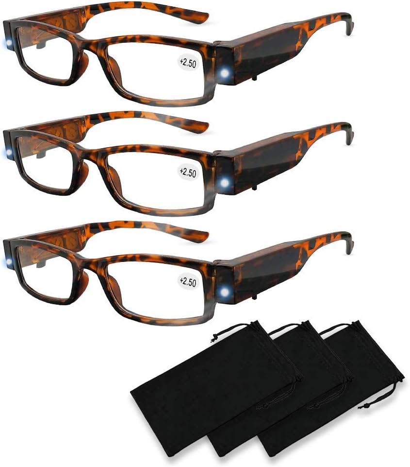 Reading Glasses with Light Bright LED Readers with Lights Reading Glasses Lighted Magnifier Nighttime Reader Compact Full Frame Eyewear Clear Vision Unisex Clear Vision Lighted Eye Glasses (+250)