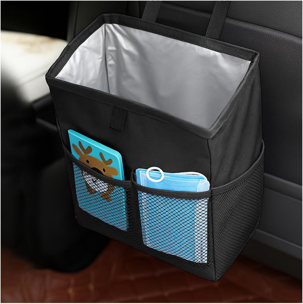 Car Trash Bag, Leak-Proof Large Capacity 3.4 Gallons Hanging Vehicle Trash Bin with Storage Pocket, Multipurpose Portable Auto Garbage Bag for Travel, Universal Fit (Black)