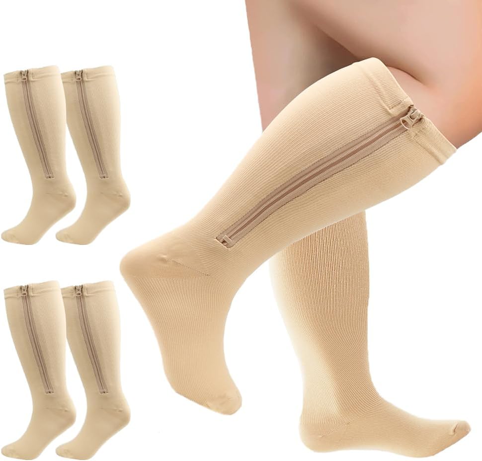 2 Pairs Wide Calf Compression Socks Plus Size with Zipper for Overweight Women Men