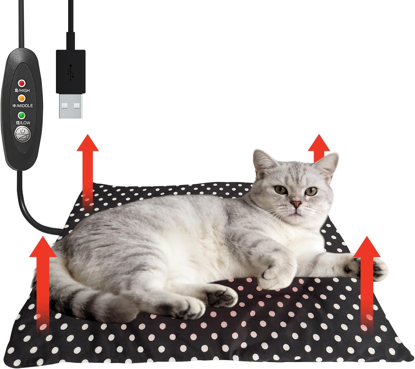 USB Heating Pad for Cat, Small Dog, 5V Safe Heated Pet Mat with 3-Temp, Hand Washable Warming Pad for Indoor Outdoor Use, Powered by Battery Operated Power Bank Car Charger (Black)