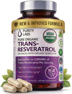 Purity Labs Trans-Resveratrol Supplement 5,000 mg Equivalent per Serving with Quercetin, USDA Organic High Potency Antioxidant, Vegan Capsules, 90 Count
