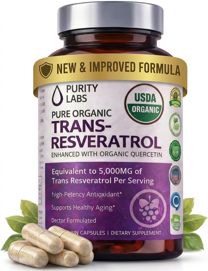 Purity Labs Trans-Resveratrol Supplement 5,000 mg Equivalent per Serving with Quercetin, USDA Organic High Potency Antioxidant, Vegan Capsules, 90 Count