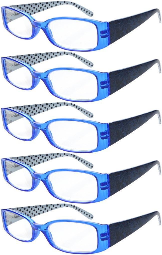 Eyekepper 5-Pack Spring Hinges Polka Dots Patterned Temples Reading Glasses Readers Women Blue +3.0