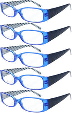 Eyekepper 5-Pack Spring Hinges Polka Dots Patterned Temples Reading Glasses Readers Women Blue +3.5