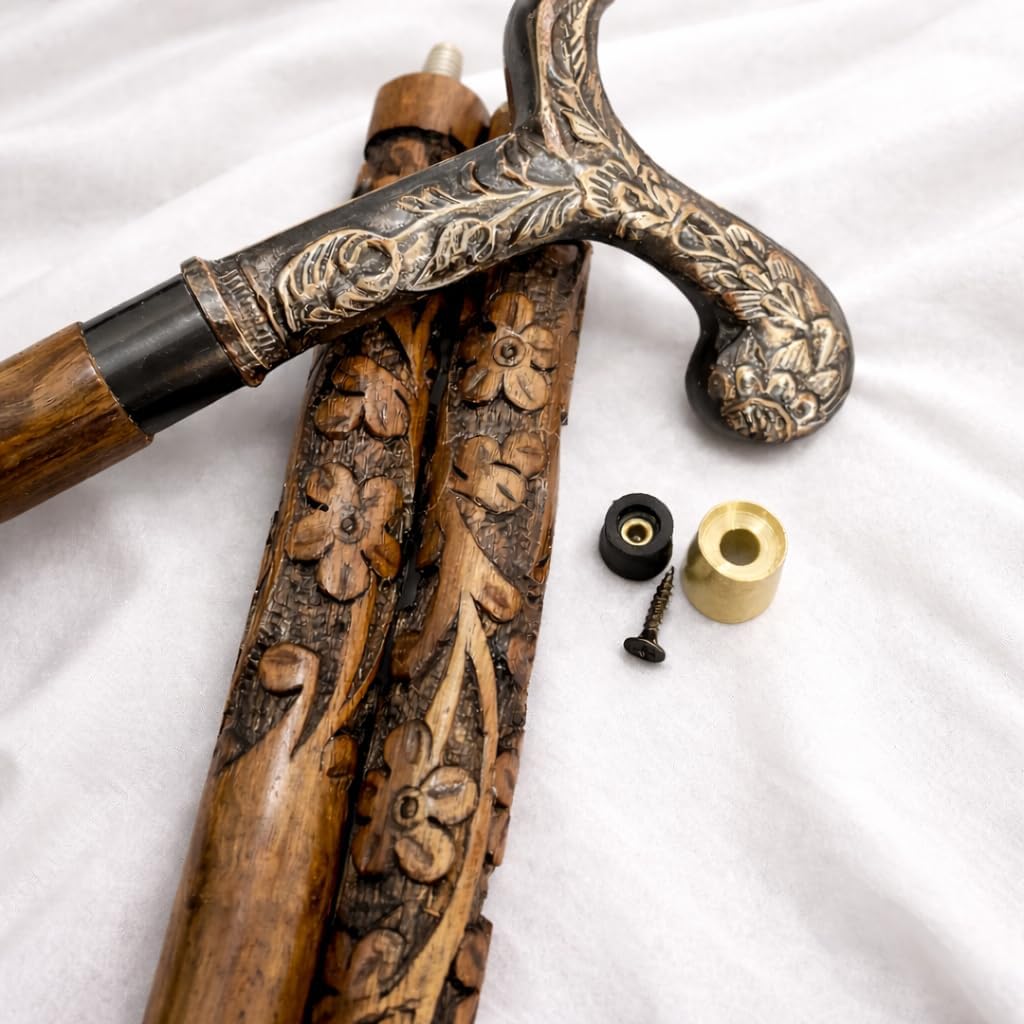 Wooden Carved Walking Stick - 36" Premium Handmade T-Shape Walking Stick with Spiral Wooden Shaft - Antique Finish Rosewood Stylish Handle Derby Head Walking Cane for Men, Women & Elderly