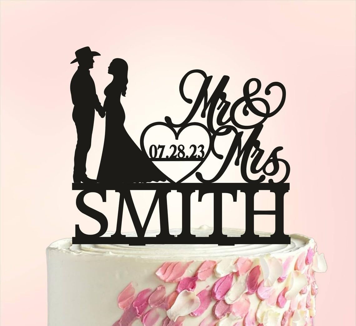Cowboy wedding cake topper,Country Western wedding cake topper,Cake topper with date,Cowboy Family Cake Insert for Proposal Wedding Engagement Anniversary Birthday Party Shower.