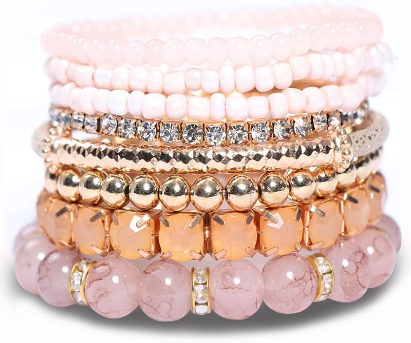 Pingyongchang Stackable MultiLayer Bohemian Crystal Bead Bracelets Set for Women Handmade Colorful Gold Beads Natural Stone String Stretch Bangles Friendship Holiday Beach Anklets Jewelry 8 pieces