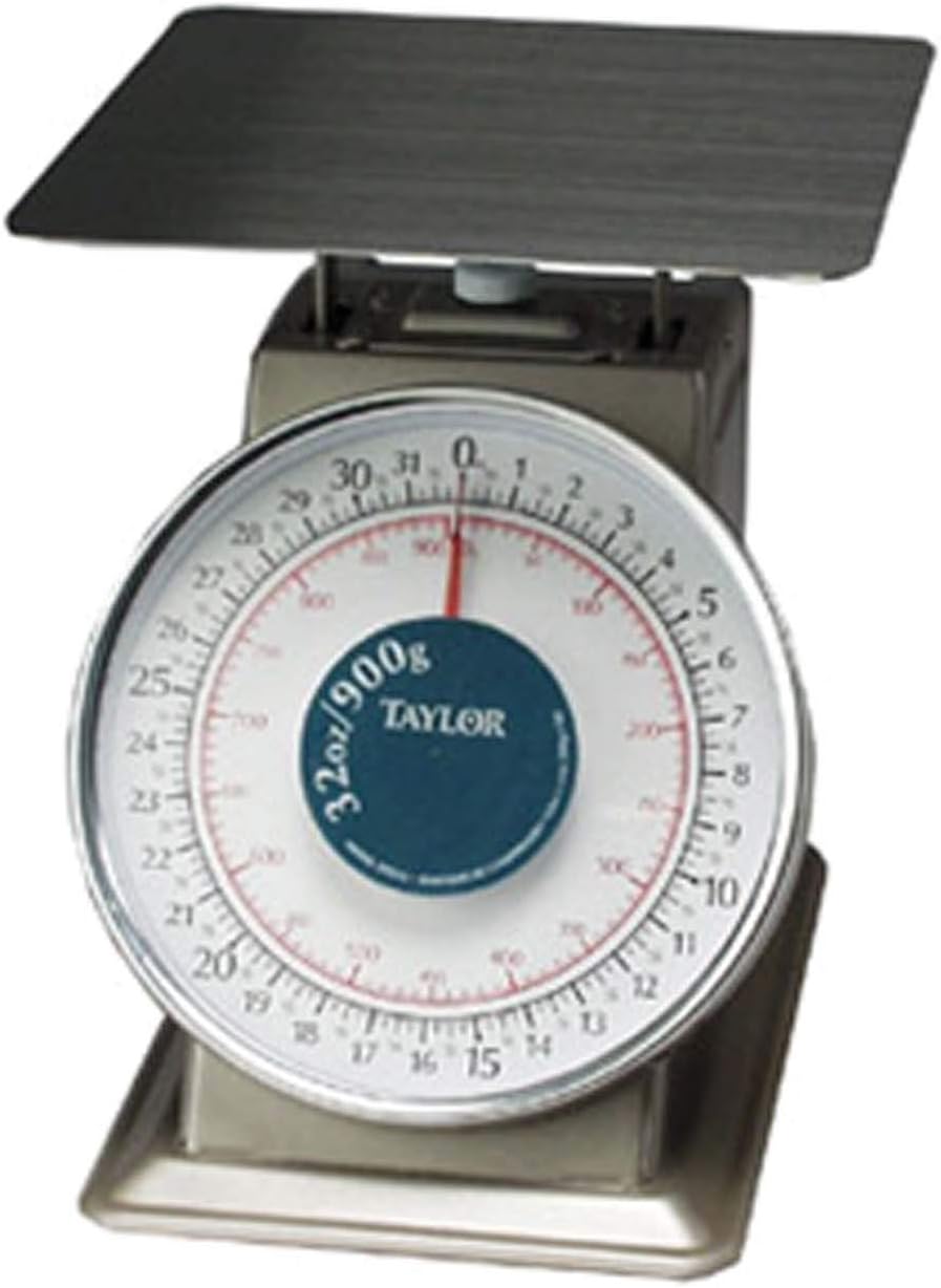 Taylor Precision THD32 Mechanical Scale, Analog, dial Type, 32 oz. x 1/8 oz./900 g x 2 g Capacity, Heavy Duty, top Loading Counter Model, Fixed dial, sloped face, 9" x 9" Stainless Steel Platform