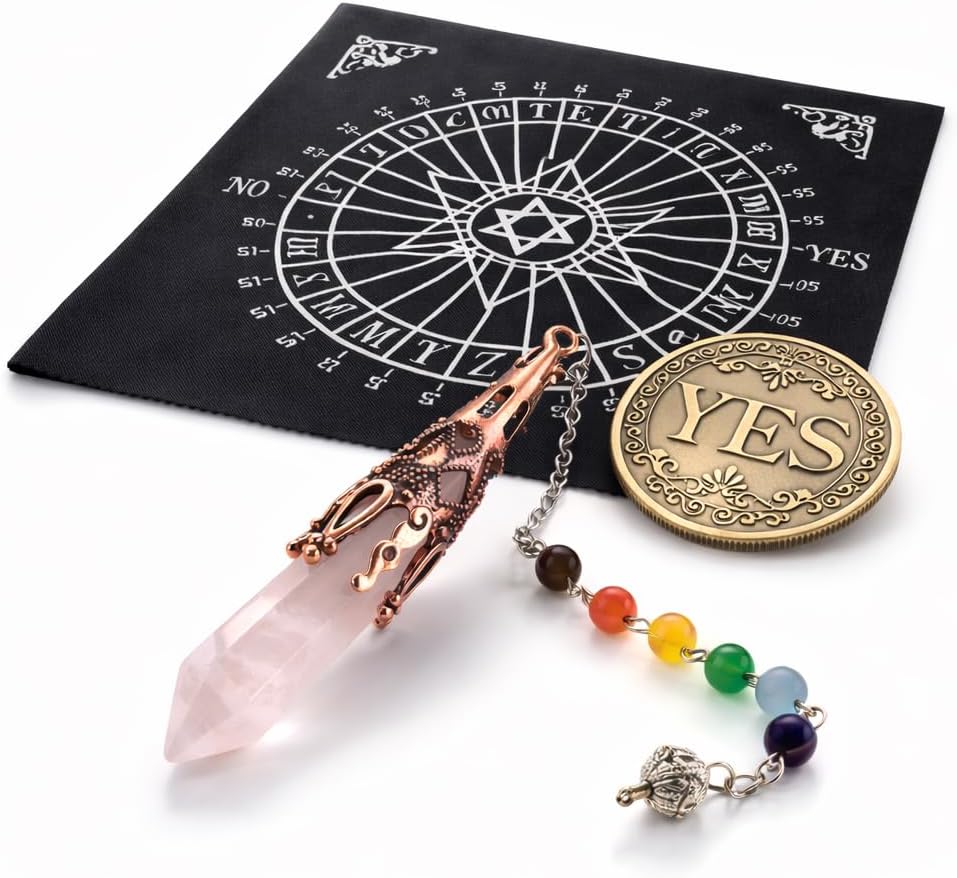 kcrygogo Metaphysical Pendulum Chart Mat with Crystal Pendulum Meditation Tool and Yes or NO Coin,Healing Stone Energy Generator for Divination, Protection,A Mystic Energy Gift
