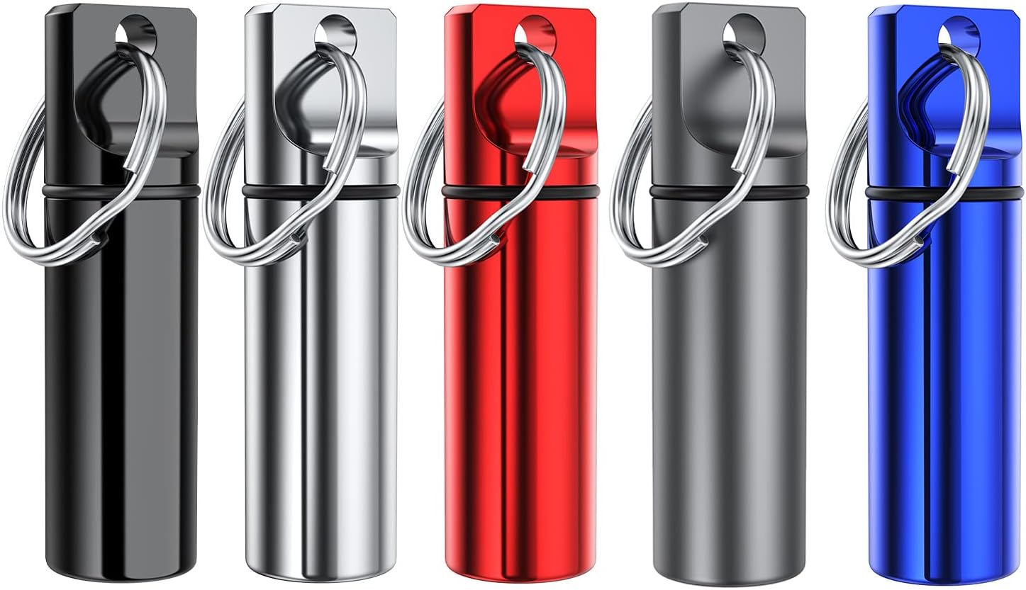 Small Portable Pill Box Keychain (5 Pack), Aluminium Alloy Mini Pill Organizer Case Container for Purse,Waterproof Metal Pill Holder Medicine Bottle for Outdoor Camping Travel