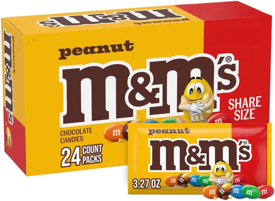 M&M’S Peanut Milk Chocolate Individually Wrapped Candy, Share Size Bulk Chocolate Candy for Movies, Party Favors, 78.48 Oz, 24 Ct