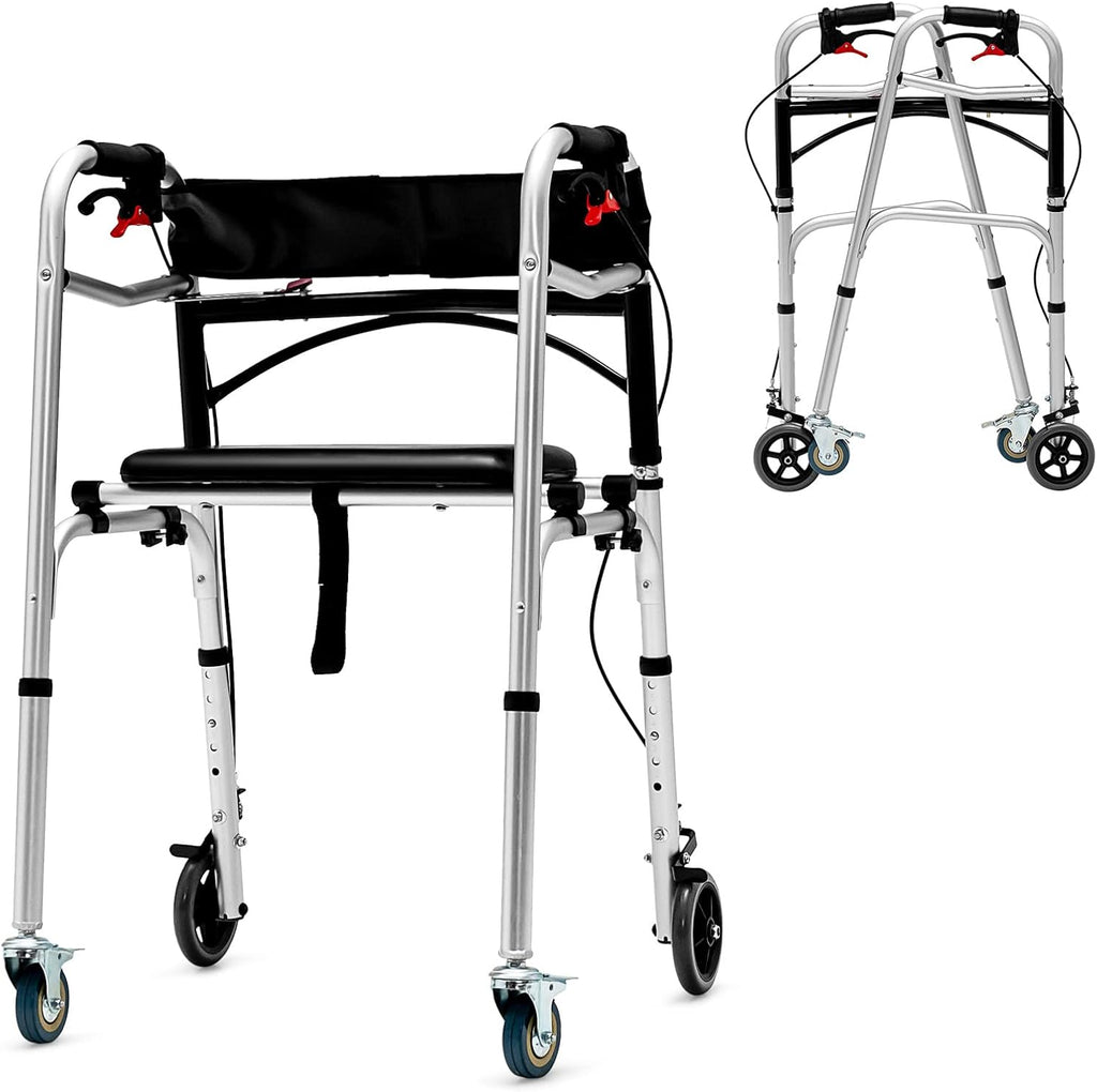 SAFSTAR 2-Button Folding Walker, Rollator Walker with Seat & Wheels, Height Adjustable Stand Up Walkers w/Brakes, Reversible Seat Cushion, Heavy Metal Frame Backrest, Upright Walkers for Seniors